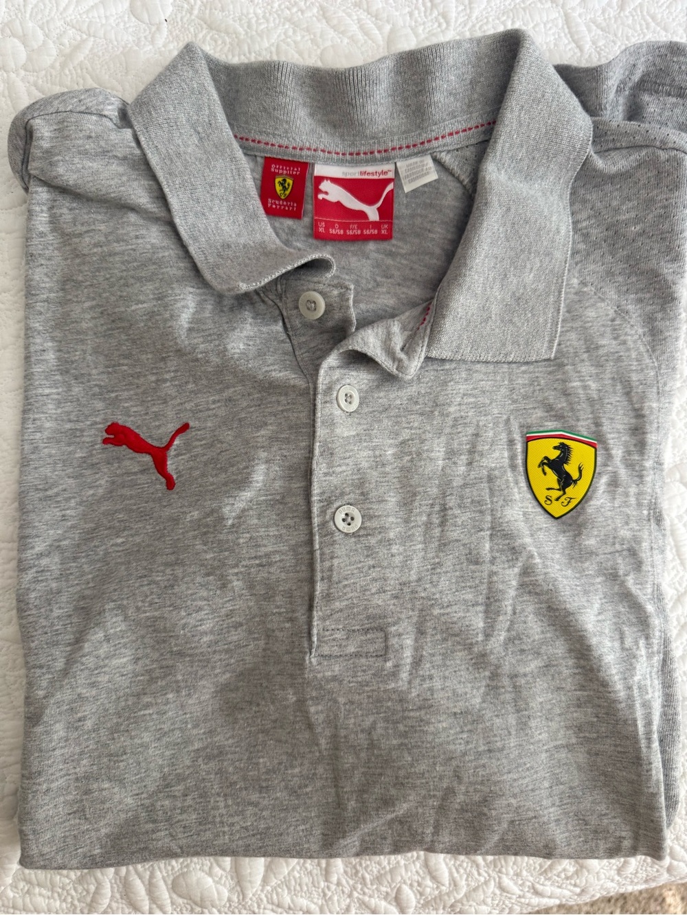 Puma Gray Polo with Red Puma Logo and Yellow Ferrari Shield